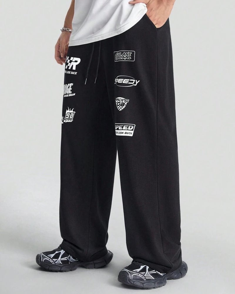 فلاينوف بنطلون رياضي رجالي أسود مطبوع بقصة فضفاضة - Image 3